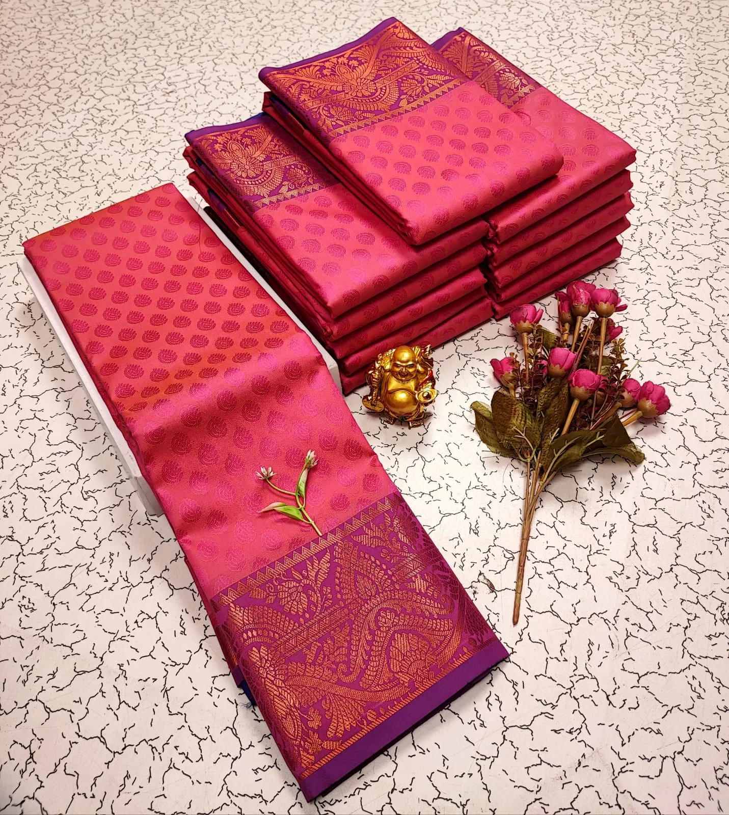 Rani Pink with Purple Border Copper Zari Soft Silk Saree